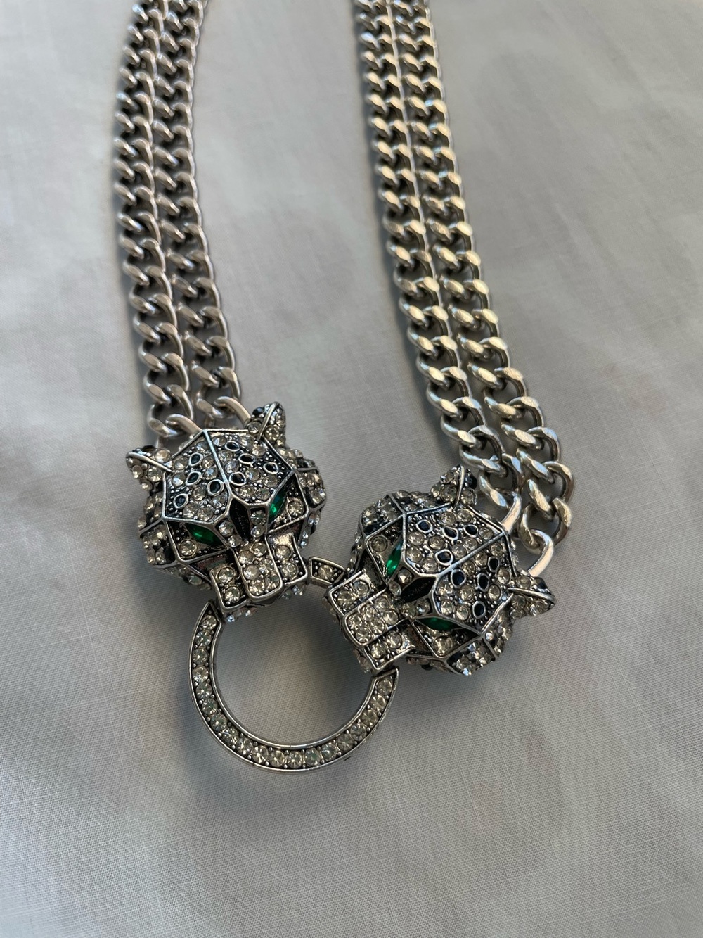 Silver Panther Head Multi-Chain Necklace with Green Accents - Picture 4 of 5